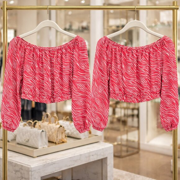 Michael Michael Kors Zebra Print Off Shoulder Blouse NWT Red White Resort S - Picture 2 of 10